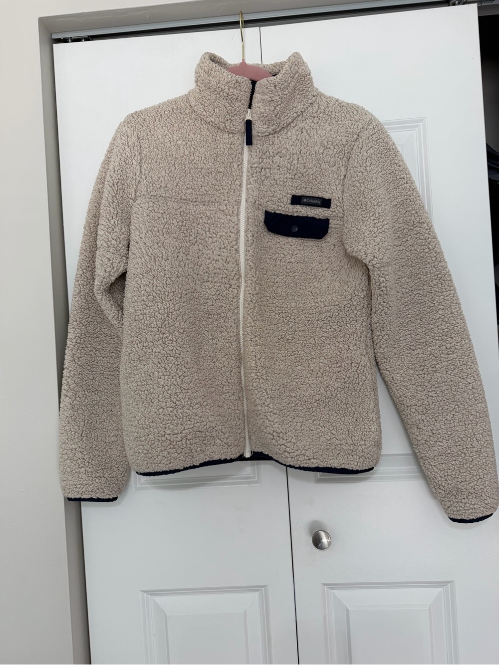 Columbia Women’s Beige Sherpa Puffer Jacket with Navy Trim
